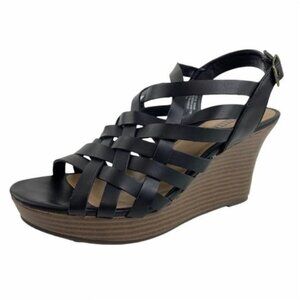 Seychelles Woven Vegan Leather Black Slingback Wedges